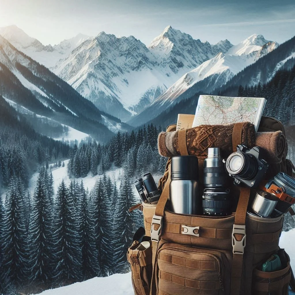 Plecak turystyczny na tle zimowego górskiego krajobrazu