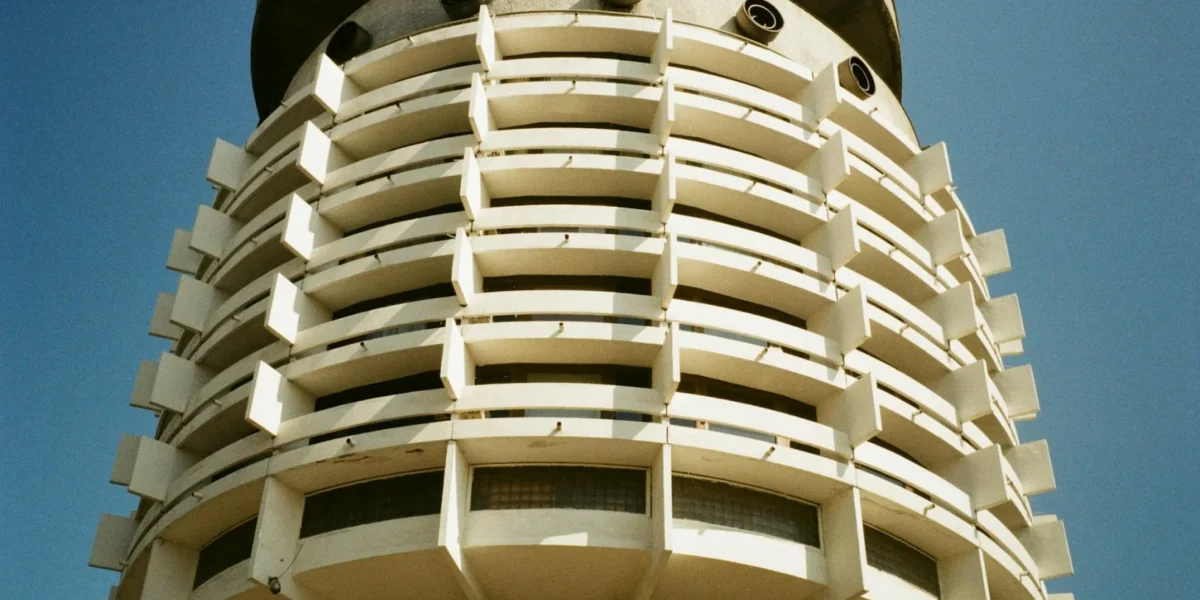 A striking view of the modernist Salute Hotel in Kyiv, Ukraine, showcasing unique design elements.