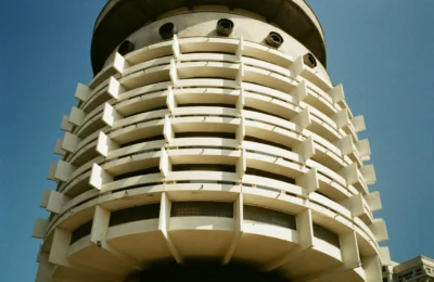 A striking view of the modernist Salute Hotel in Kyiv, Ukraine, showcasing unique design elements.