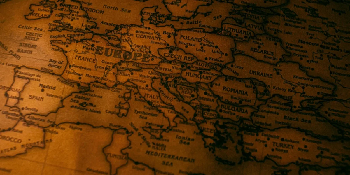 Detailed vintage-style map of Europe showcasing classic travel routes and countries.
