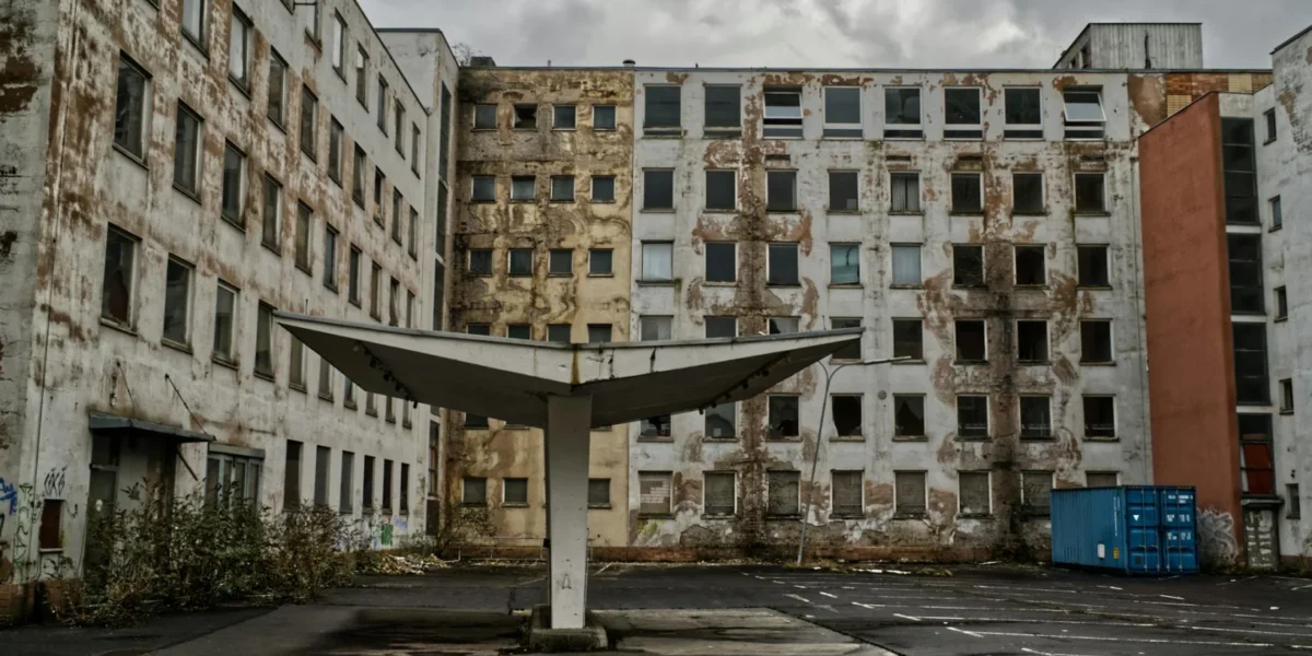 Explore the haunting beauty of an abandoned industrial building in an urban setting.
