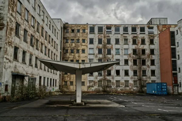 Explore the haunting beauty of an abandoned industrial building in an urban setting.