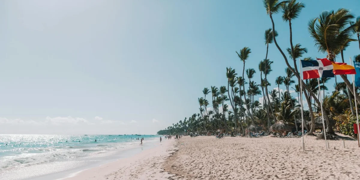 Beautiful beach scene in Punta Cana, Dominican Republic, with clear skies and palm trees waving in the breeze.