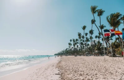 Beautiful beach scene in Punta Cana, Dominican Republic, with clear skies and palm trees waving in the breeze.