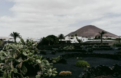 Picturesque village in Lanzarote with volcanic landscape and lush plants under a cloudy sky.