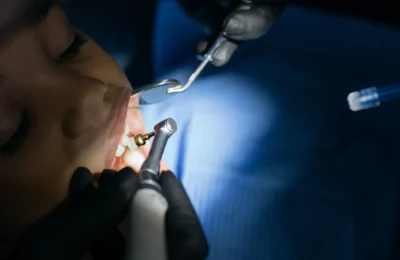 Close-up of a child receiving a dental checkup in a modern clinic with professional tools.