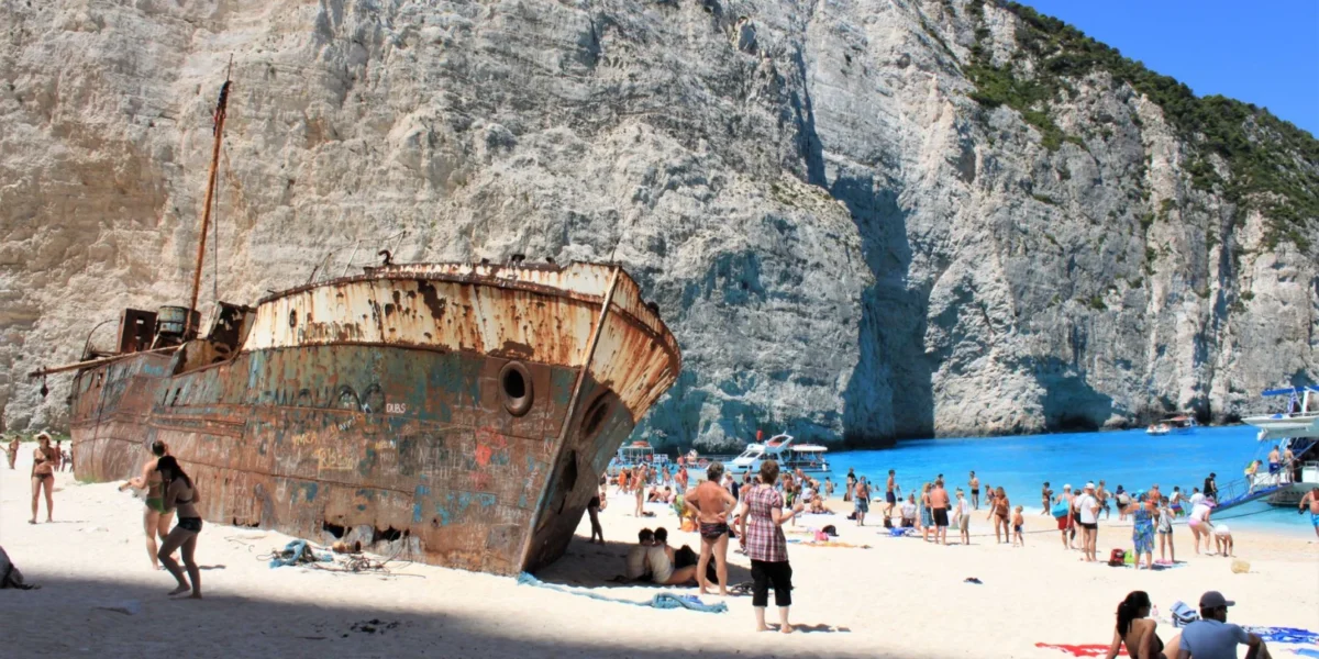 Navagio Beach, a stunning shipwreck site on Zakynthos Island, Greece.