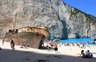 Navagio Beach, a stunning shipwreck site on Zakynthos Island, Greece.