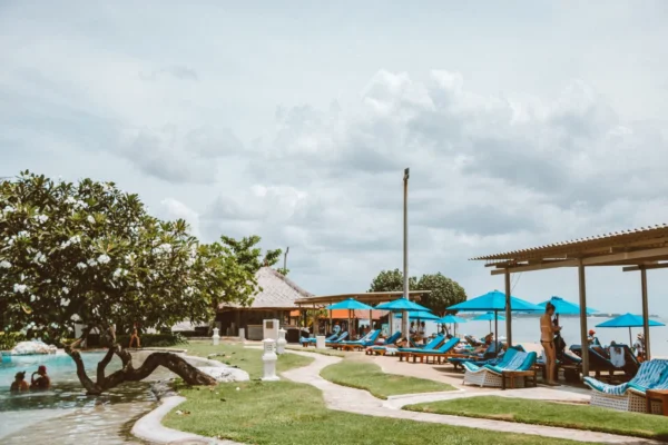 Relax at a tropical beach resort with a pristine pool, sunbeds, and ocean view.