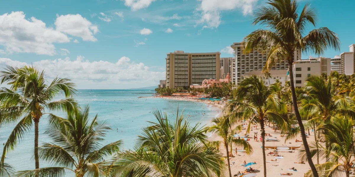 Stunning beach view with coconut trees, clear ocean, and a vibrant resort skyline.
